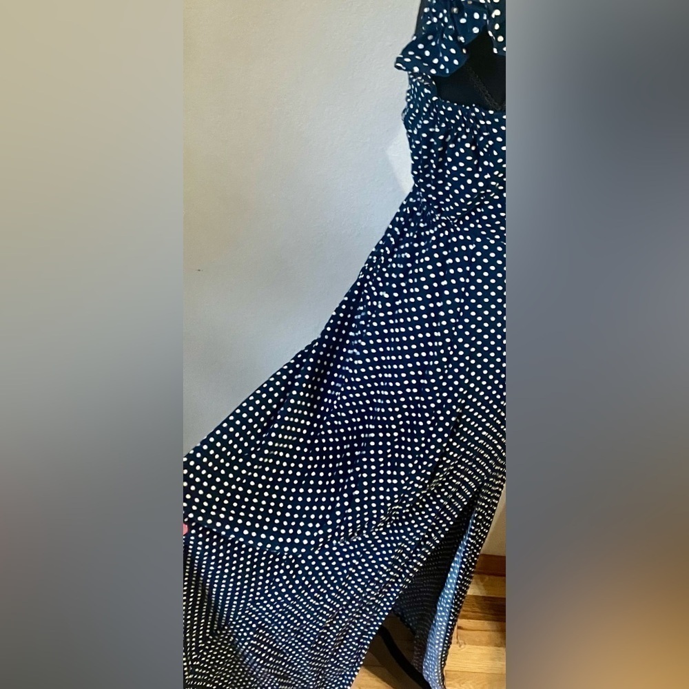 Lulus Dream Regency Nautical Blue Polka Dot Off-the-Shoulder Maxi Dress size Med - Picture 3 of 14